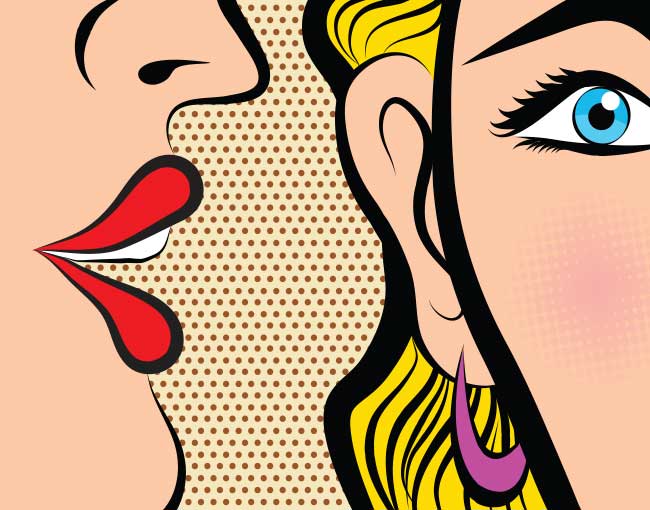 Pop art style illsutration of word of mouth, closely depicting the matching French expression 'bouche à oreille'.