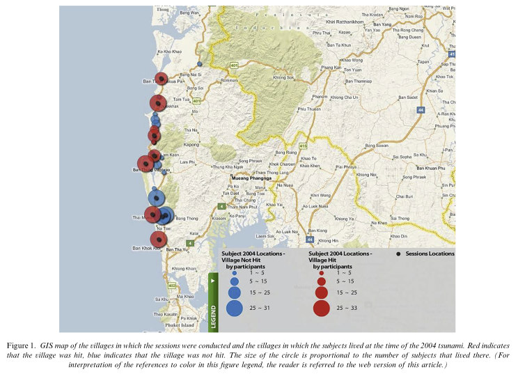 Map of the villages hit and spared from the 2004 tusnami on the East coast of Thailand