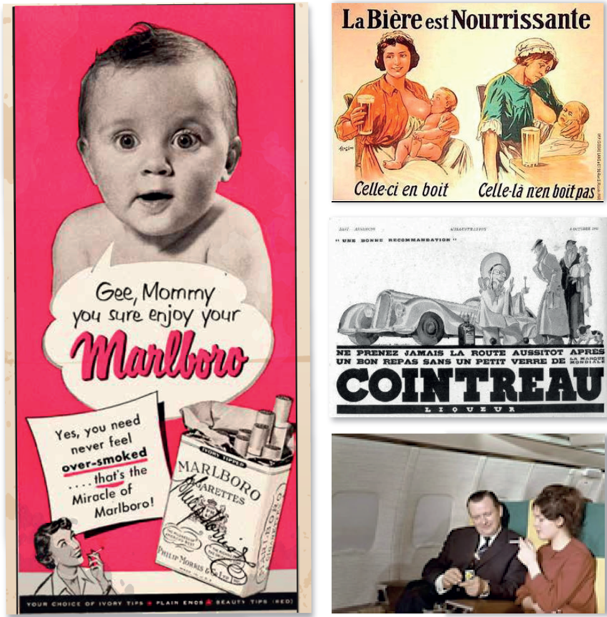 A collage of old ads, with various messages which feel unacceptable now, such as a bay encouraging their mother to smoke a cigarette, or to have a last drink before driving a car.