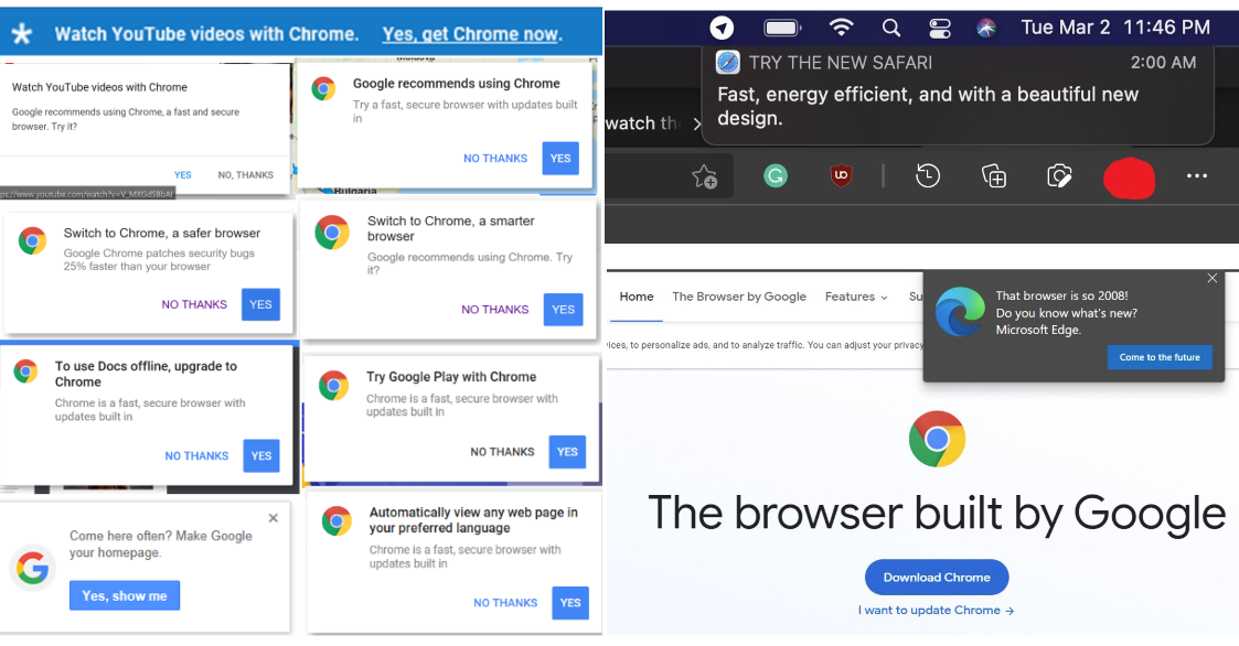 Popo-ups from various browsers, advising to make them the system default browser. The highlighted option is always to change to the current browser.