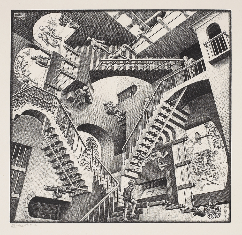 M.C. Esher, Relativity, 1953, used here as a metaphor of how some administrative processes feel for users. I use it here also because there are several pathways in the picture, which is often true of administrative processes.